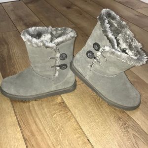 Gray suede boots.